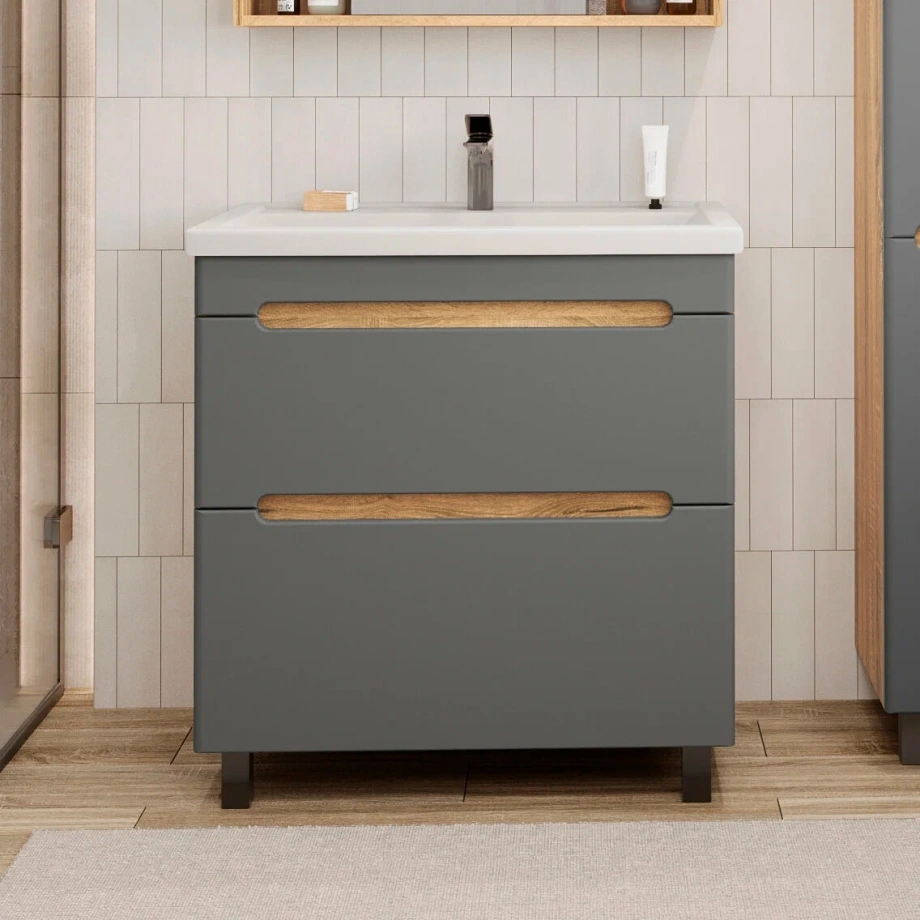 Тумба напольная SanStar Diva 80 с раковиной Como 80 Дуб вотан, графит софт