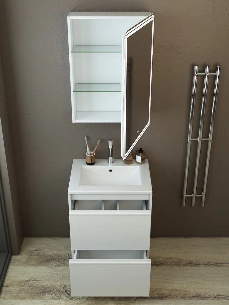 Тумба с раковиной Emmy Вега 50 напольная, 2 ящика, белый