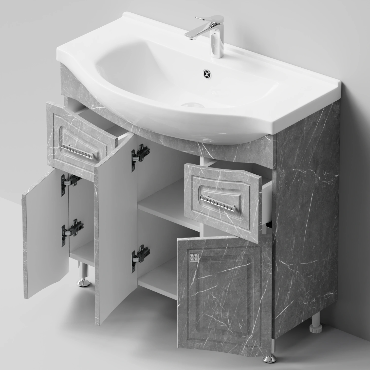 Тумба с раковиной Адам 90 напольная, Мрамор Белый софт тач, петли слева