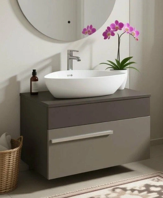 Тумба подвесная Runo Вудлайн 65 с раковиной Bella 41 квадратная, темно-серый/серый