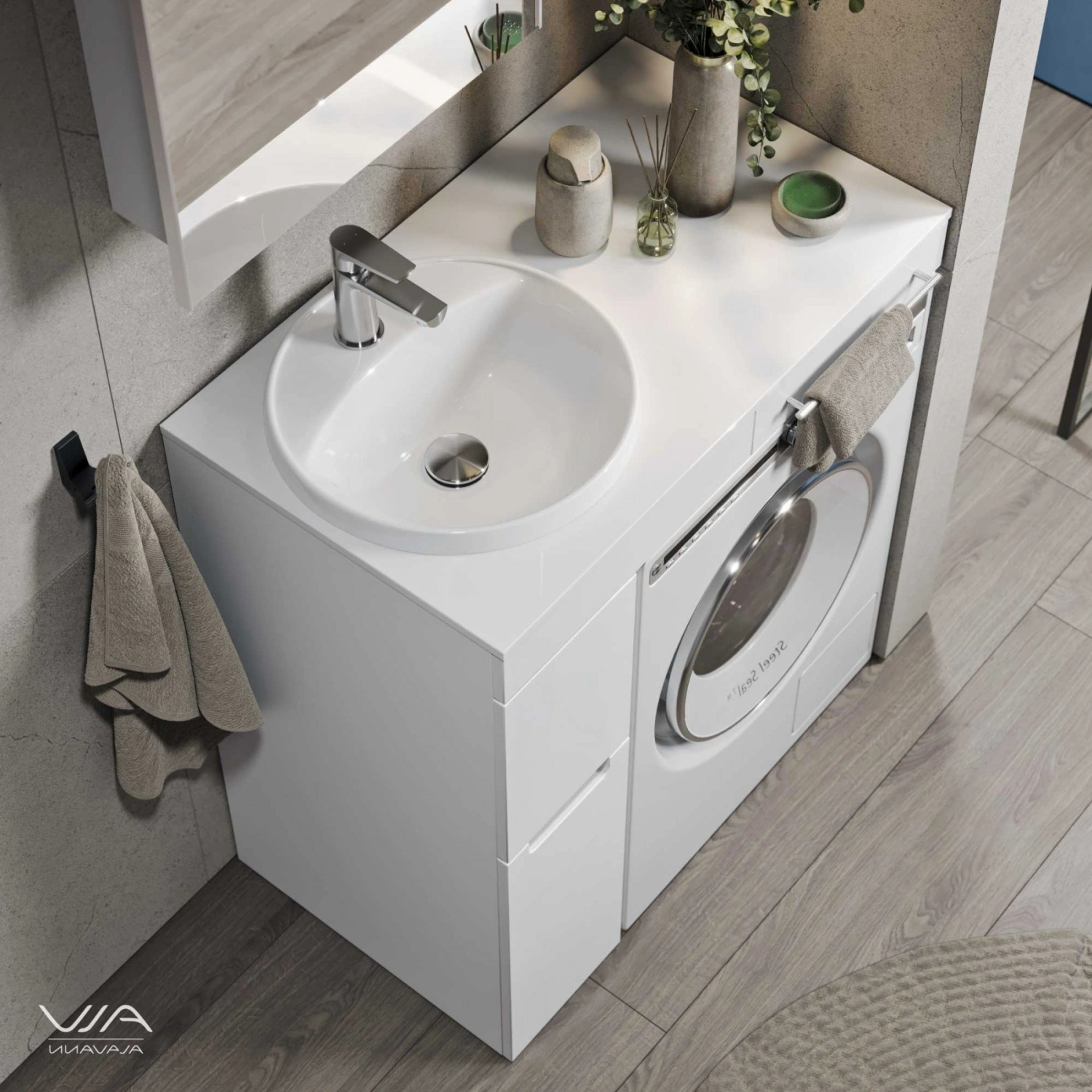 Тумба со столешницей Мдф Alavann Cosmetic 85 и раковиной Art Inside, L левая, корзина, под стиральную машину, белая