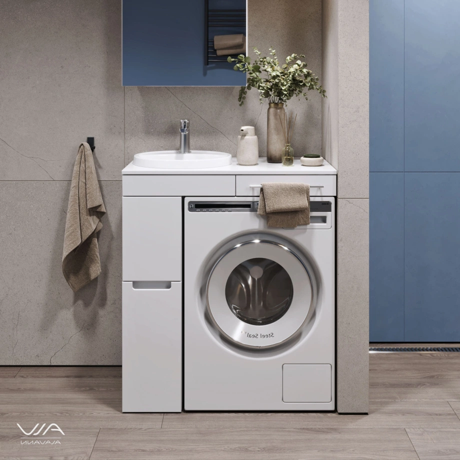 Тумба со столешницей Мдф Alavann Cosmetic 85 и раковиной Art Inside, L левая, корзина, под стиральную машину, белая