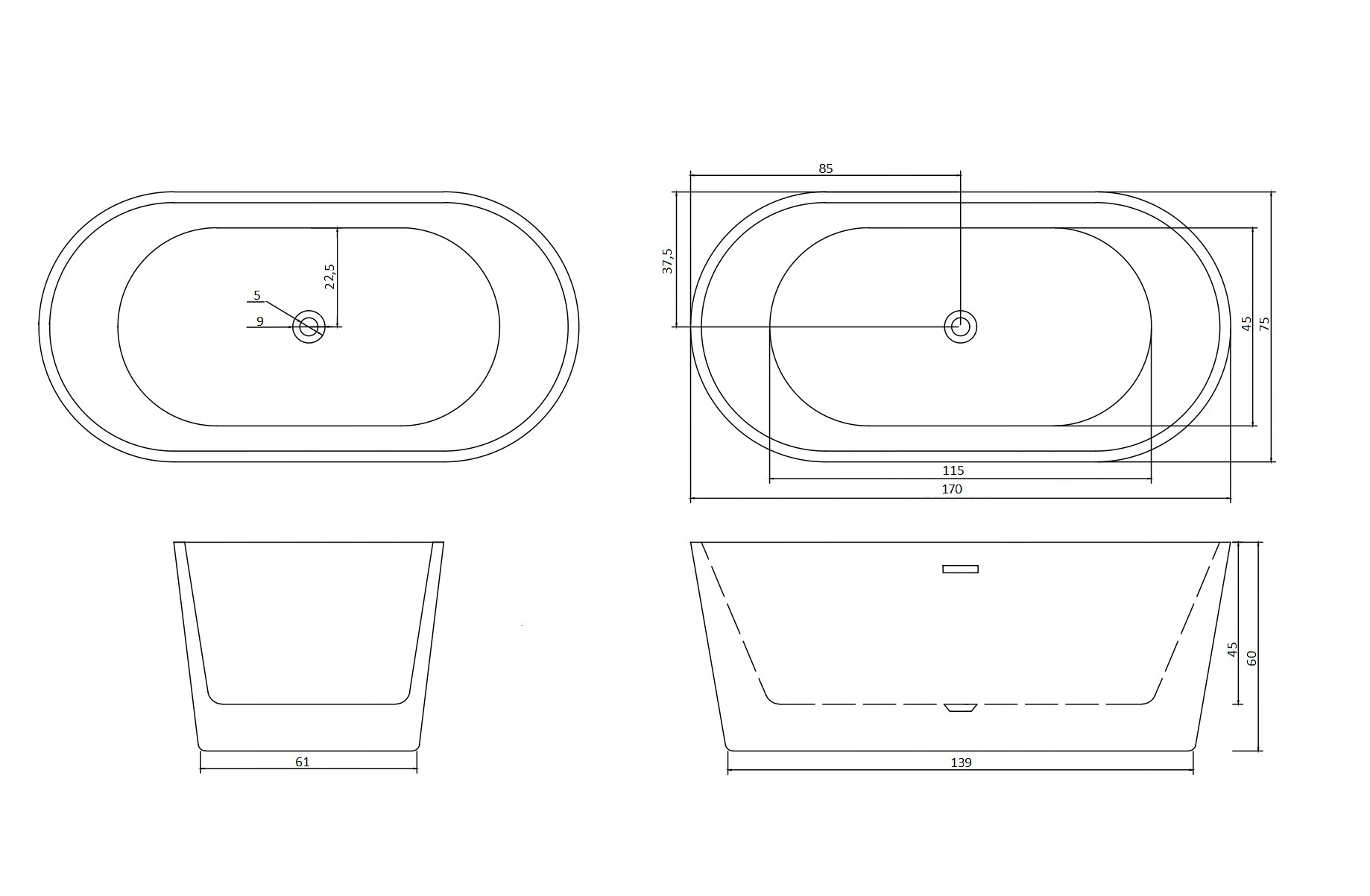 Ванна акриловая Ceruttispa RESIA170II отдельностоящая (1700x750x600)