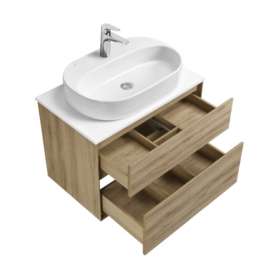 Тумба подвесная AQUATON Либерти 75 со столешницей, раковиной Одри 420x620 Round, дуб эльвезия