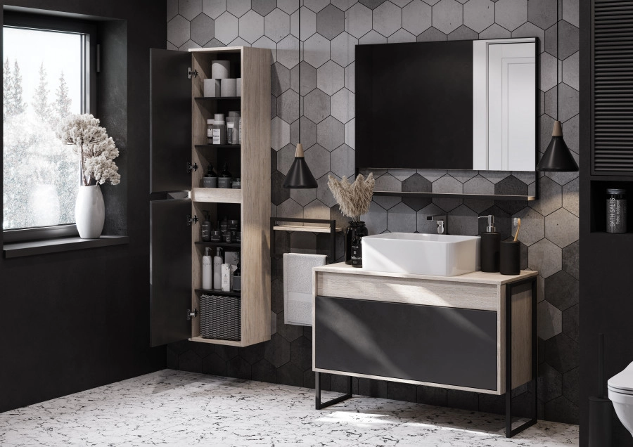 Тумба подвесная Aquaton Лофт Урбан 100 с раковиной Одри 42x62 Round, серый графит, дуб орегон