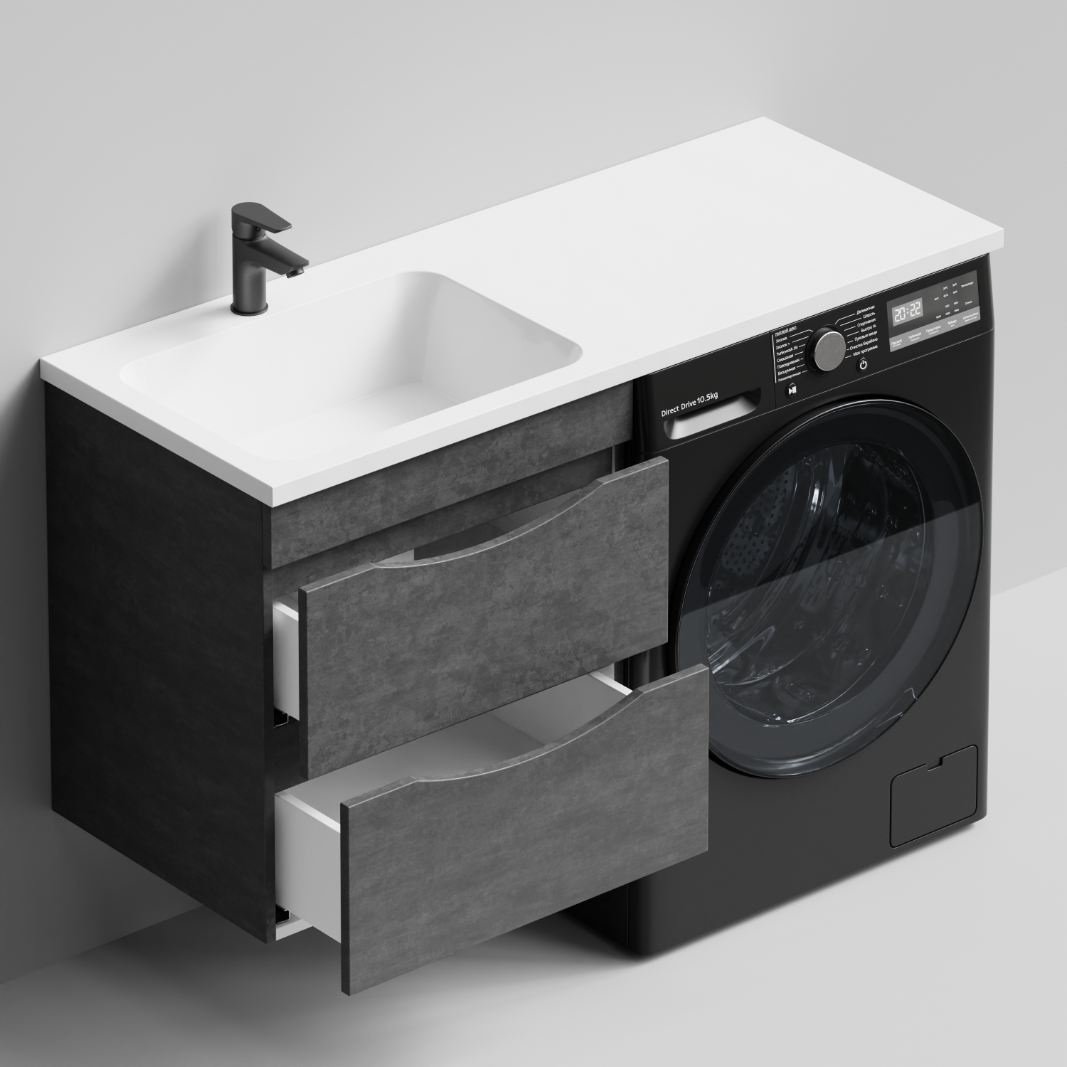 Тумба Vod-ok 58 с раковиной Смайл 120 подвесная, под стиральную машину, левая, Серый камень