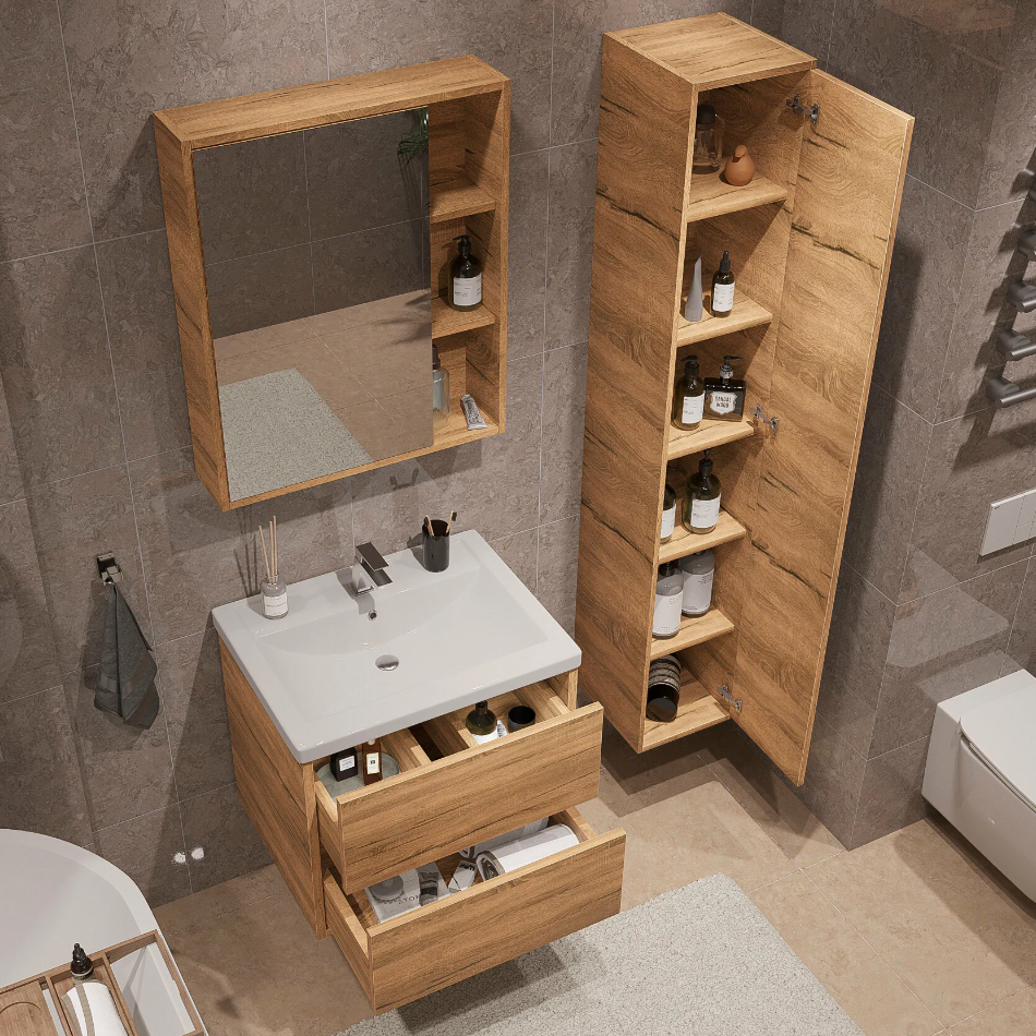 Тумба подвесная SanStar Siva 50 с раковиной Фостер 50 (комплект) Дуб вотан