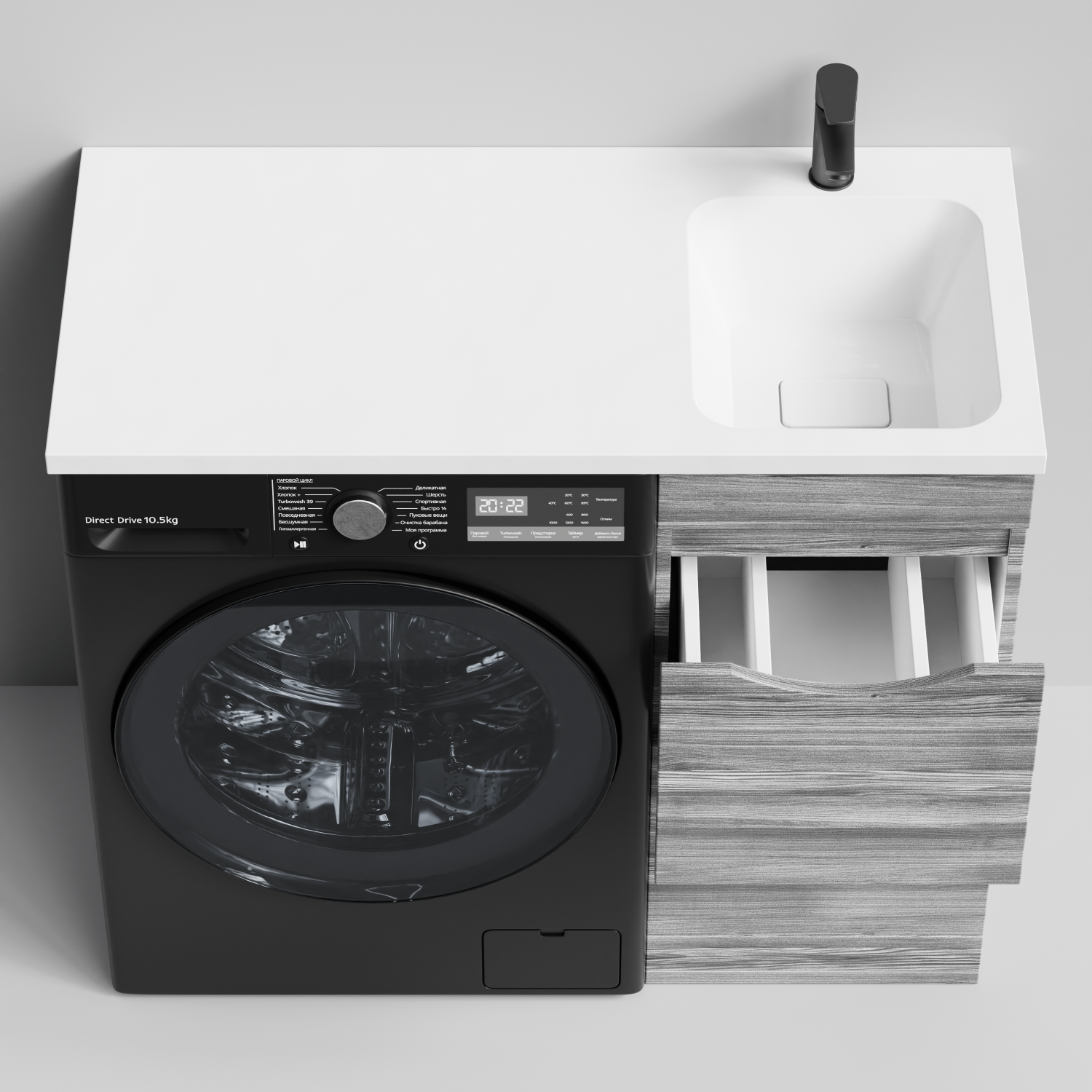 Тумба Vod-ok 38 с раковиной Смайл 100 напольная, под стиральную машину, правая, Лиственница структурная контрастно-серая