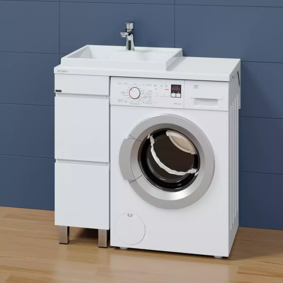 Тумба напольная Санта Марс 29 с раковиной Юпитер 90x50 под стиральную машину левая, 2 ящика, белая