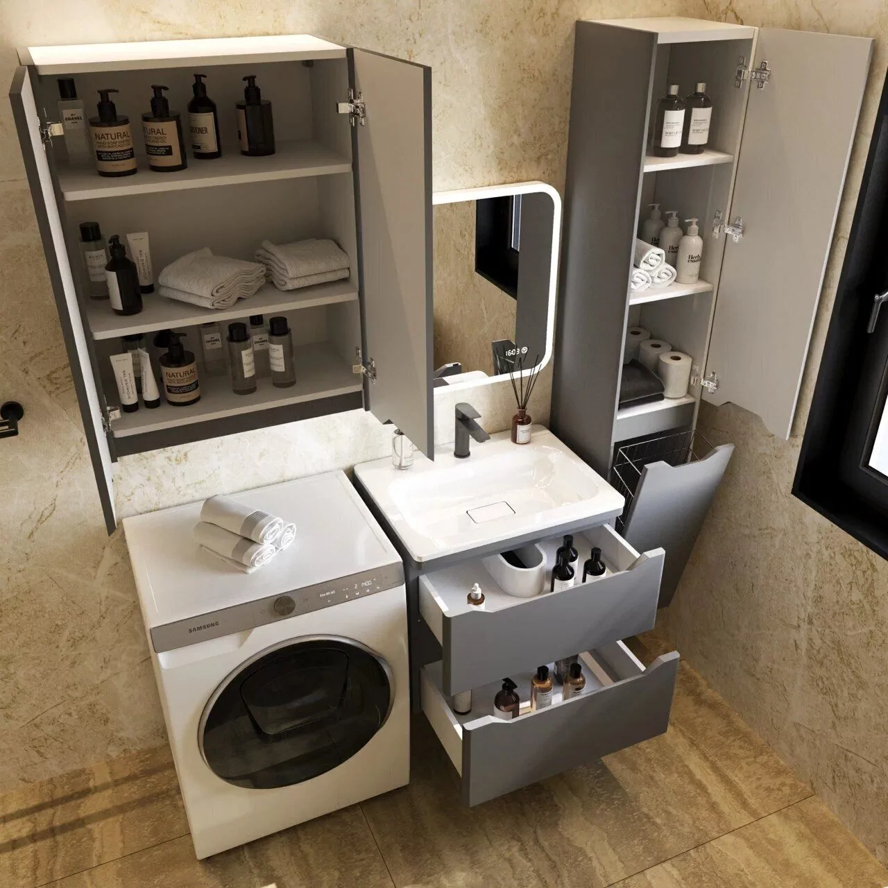 Тумба подвесная Style Line Марелла 60 с раковиной Марелла Люкс 60, серый матовый