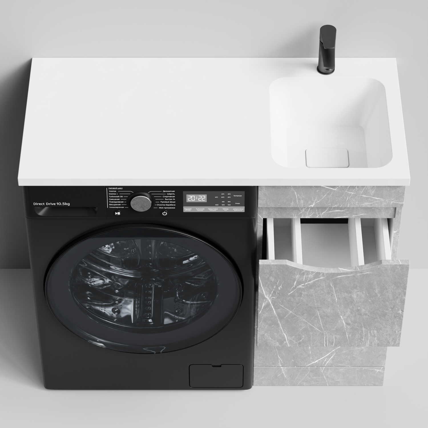 Тумба Vod-ok 48 с раковиной Смайл 110 напольная, под стиральную машину, правая, Мрамор Белый софт тач