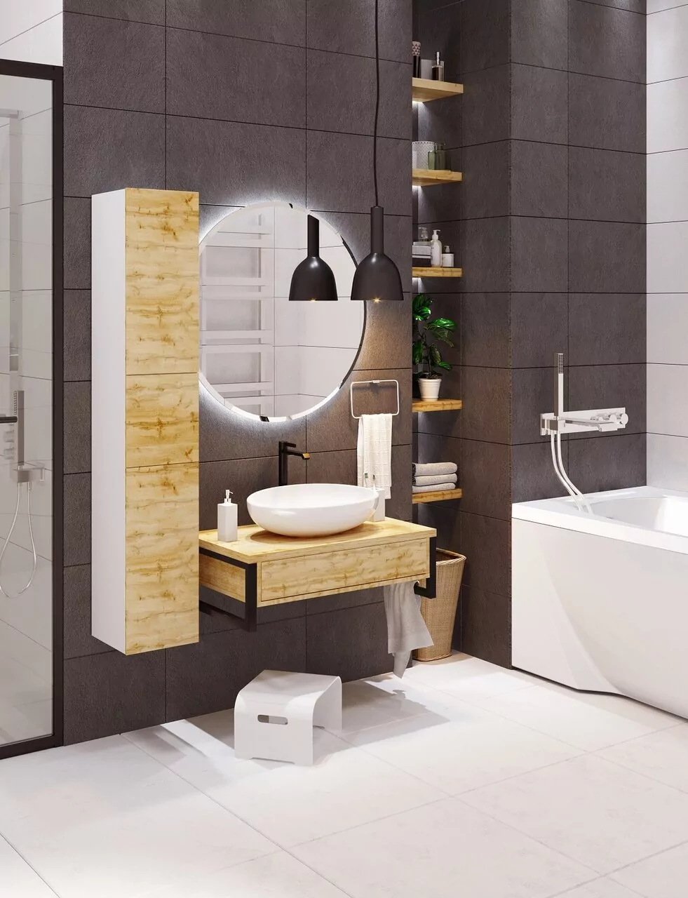 Тумба подвесная 1Marka Grunge loft 80П с раковиной Roll 53, 1 ящик, дуб вотан