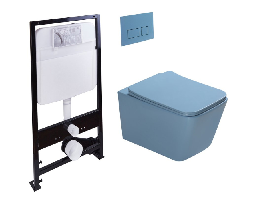 Унитаз подвесной SantiLine SL-5007T-BL+SL-01/BL с инсталляцией и кнопкой, голубой матовый