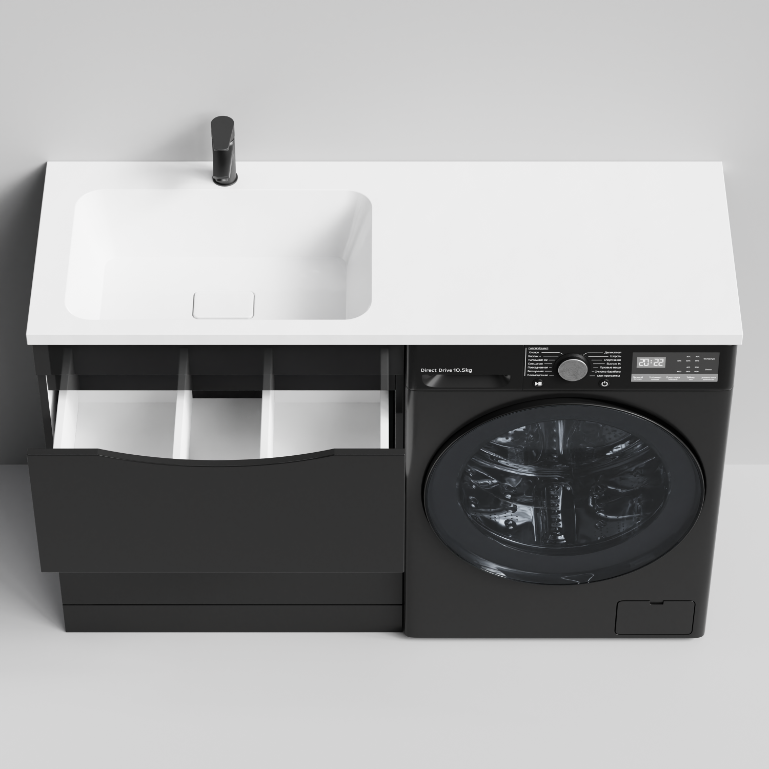 Тумба Vod-ok 68 с раковиной Смайл 130 напольная, под стиральную машину, левая, черный глянец