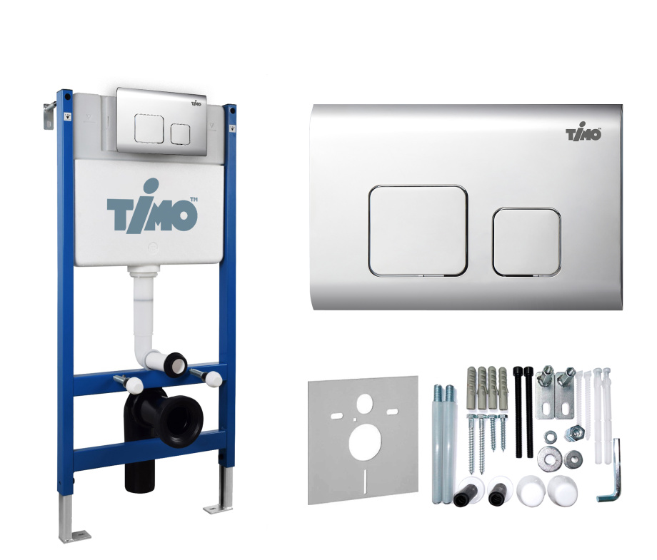 Комплект 2 в 1 Timo Инсталляция для унитаза TWC-01 и кнопка смыва SOLI FP-002 глянцевая хромированная