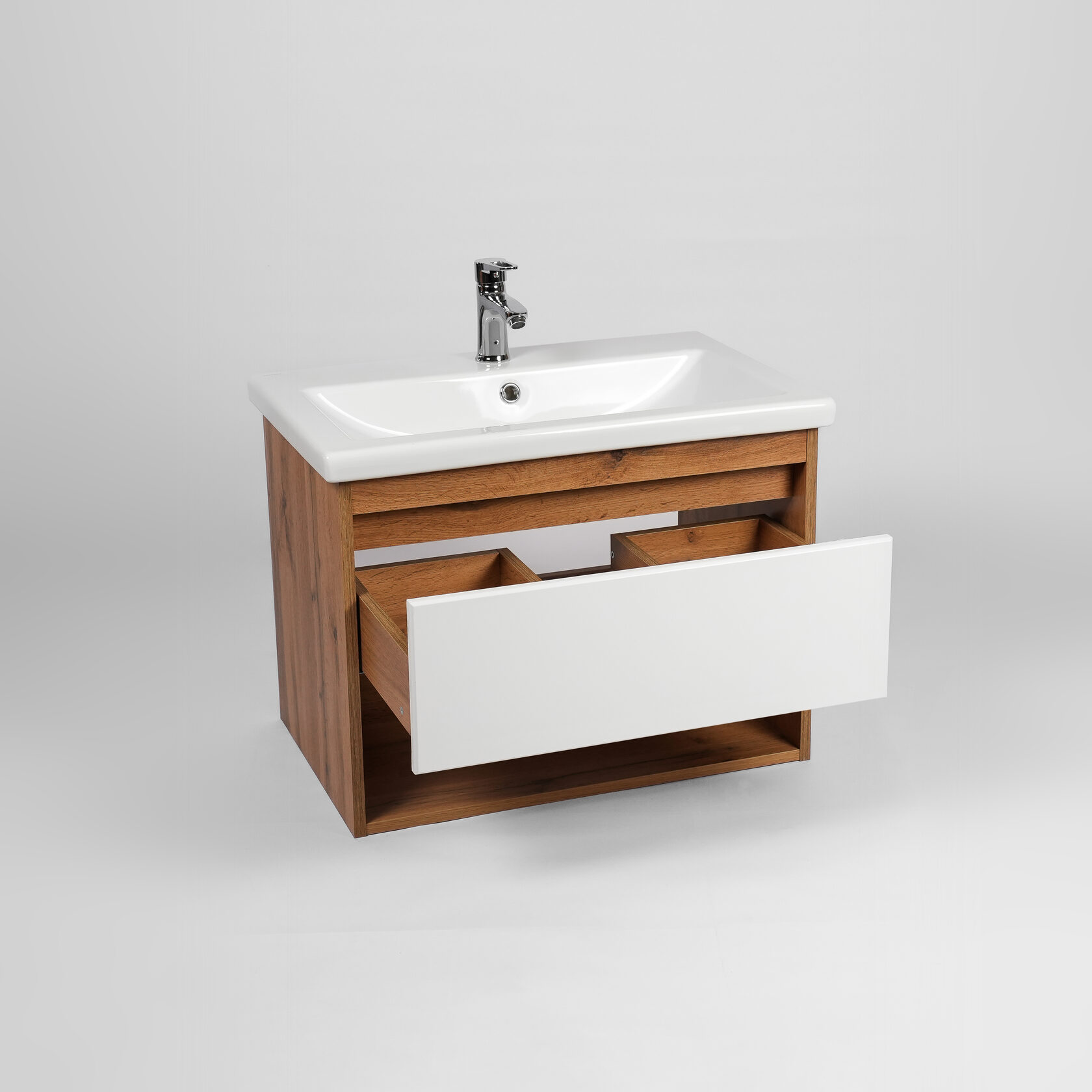 Тумба подвесная Viant Бостон 70 с раковиной Como 70, 1 ящик, белый/дуб вотан