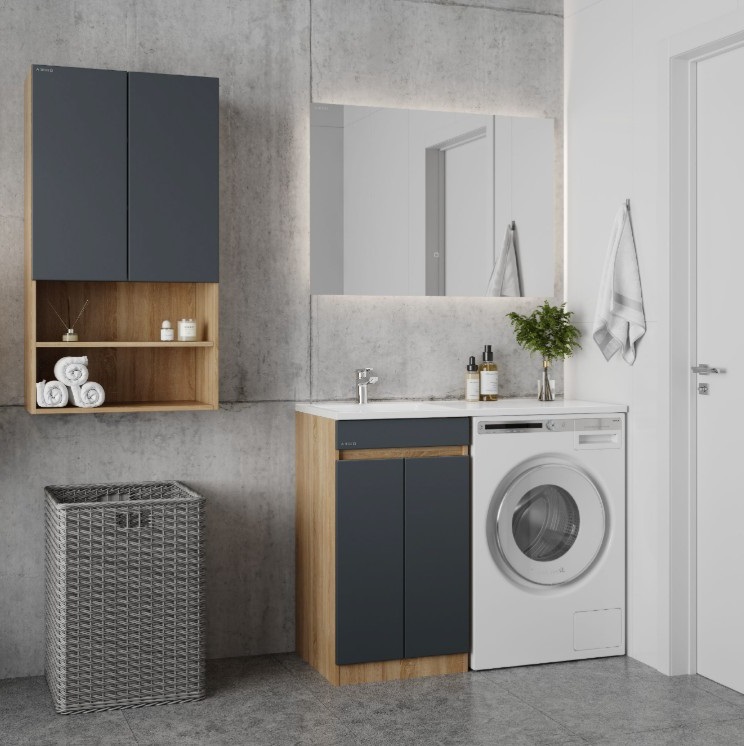 Тумба напольная Onika Милтон Нова 48 с раковиной Марсал 110 под стиральную машину, левая, серая/дуб сонома
