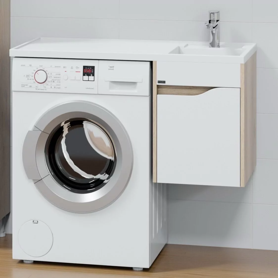 Тумба подвесная Санта Сатурн 38 с раковиной Лидер 100 под стиральную машину, 1 ящик, R правая, дуб австрийский с белым