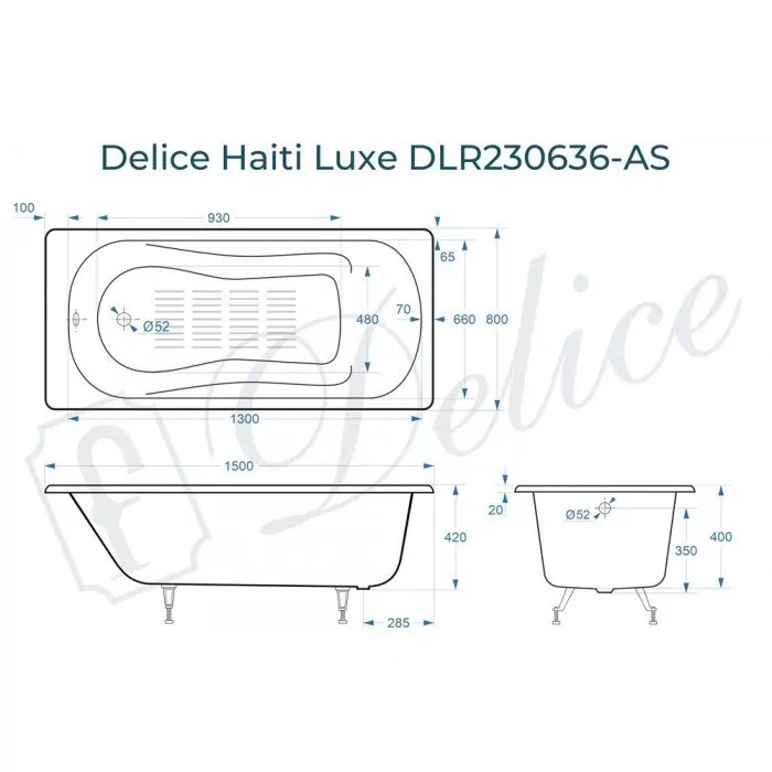 Ванна чугунная Delice Haiti Luxe 150х80 DLR230636-AS прямоугольная, с антискользящим покрытием