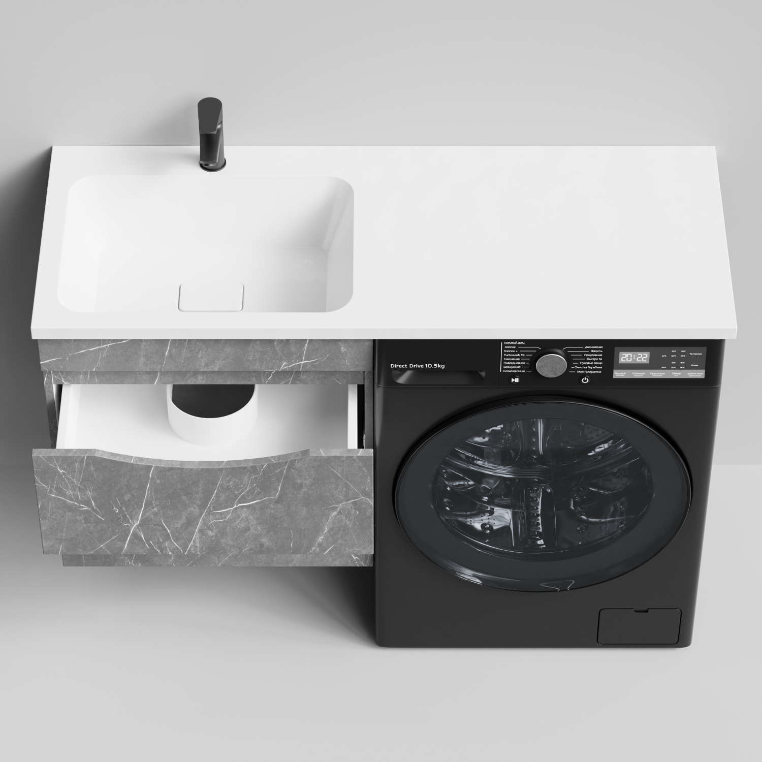 Тумба Vod-ok 58 с раковиной Смайл 120 подвесная, под стиральную машину, левая, Мрамор Серый софт тач