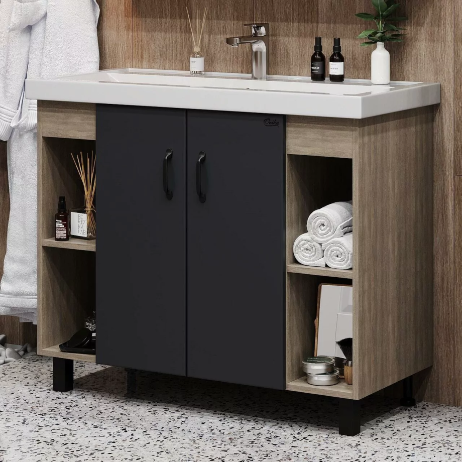 Тумба с раковиной Onika Тимбер 100 напольная, серый матовый/дуб сонома