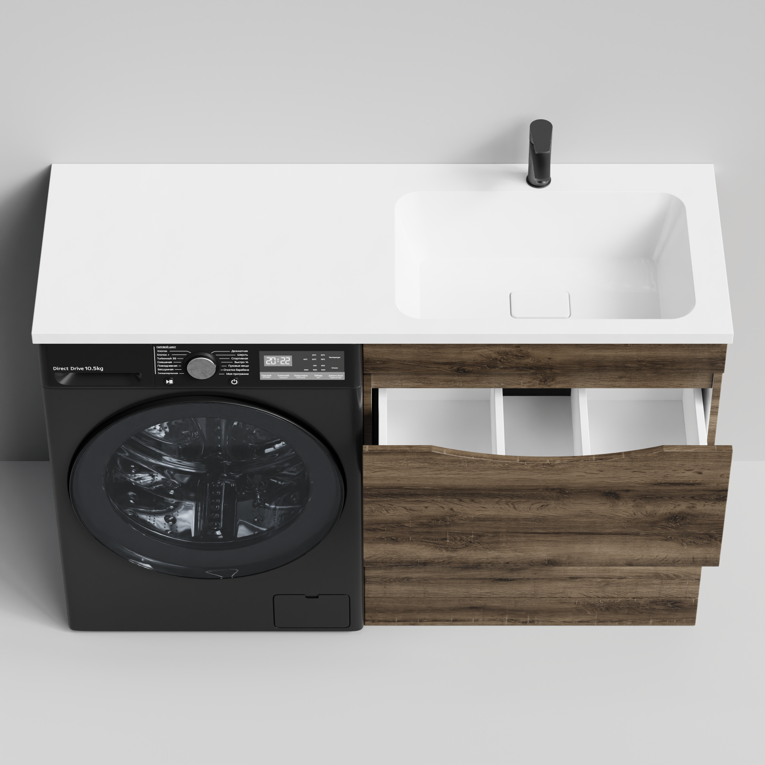 Тумба Vod-ok 68 с раковиной Смайл 130 напольная, под стиральную машину, правая, Дуб крымский коричневый