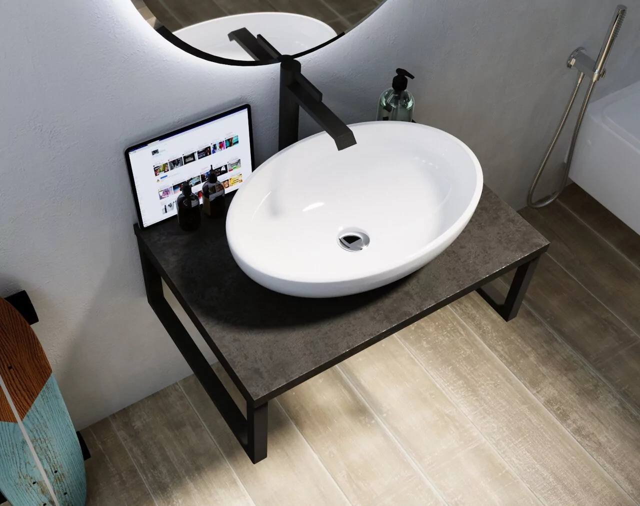 Столешница под накладную раковину 1Marka Grunge loft 80 на кронштейнах, бетон темно-серый