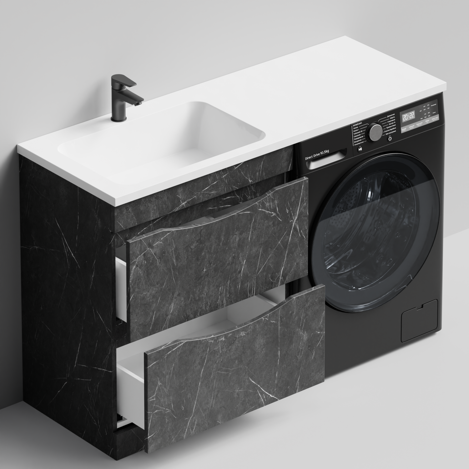 Тумба Vod-ok 68 с раковиной Смайл 130 напольная, под стиральную машину, левая, Мрамор Графит софт тач