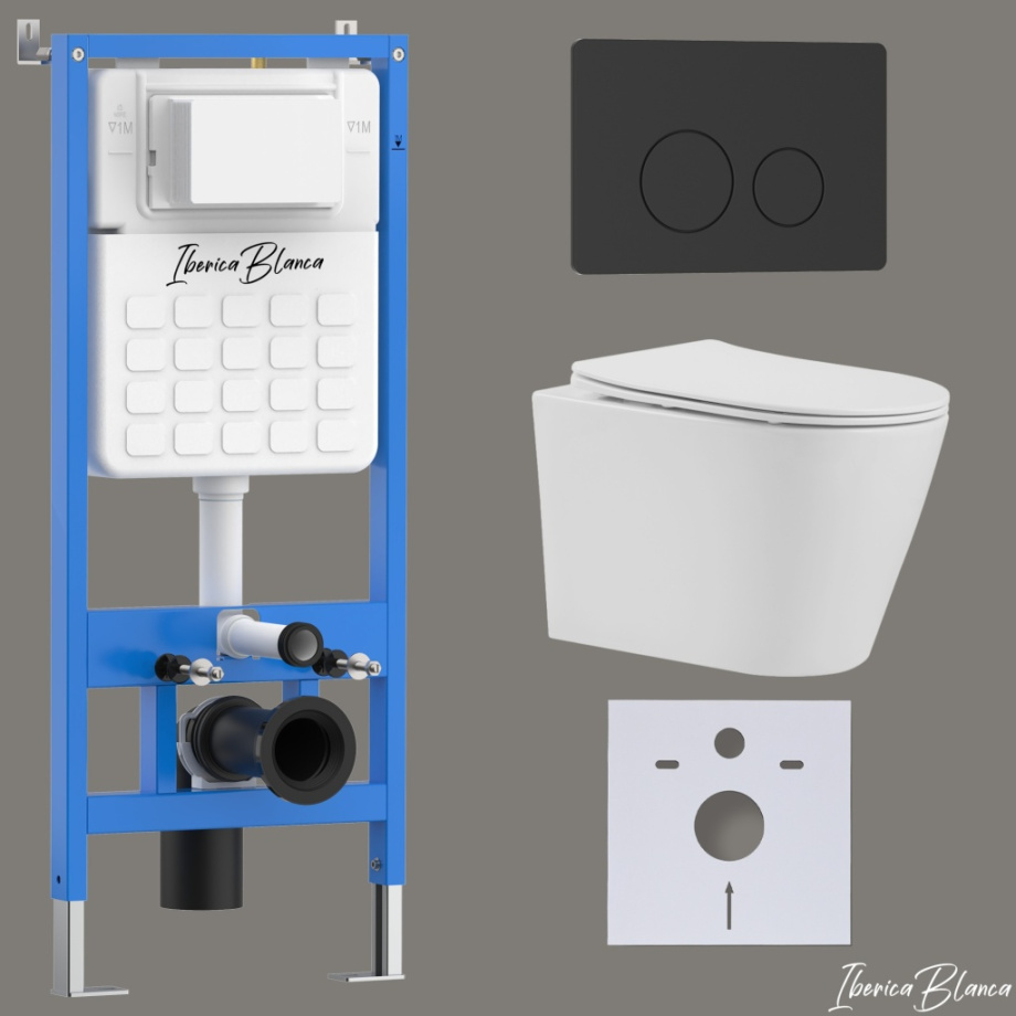 Комплект 3в1 IBERICA BLANCA инсталляция SILENCIO, унитаз BURGOS ALTO белый, кнопка смыва INOX-O черный матовый (IB001.BRA.234.812)