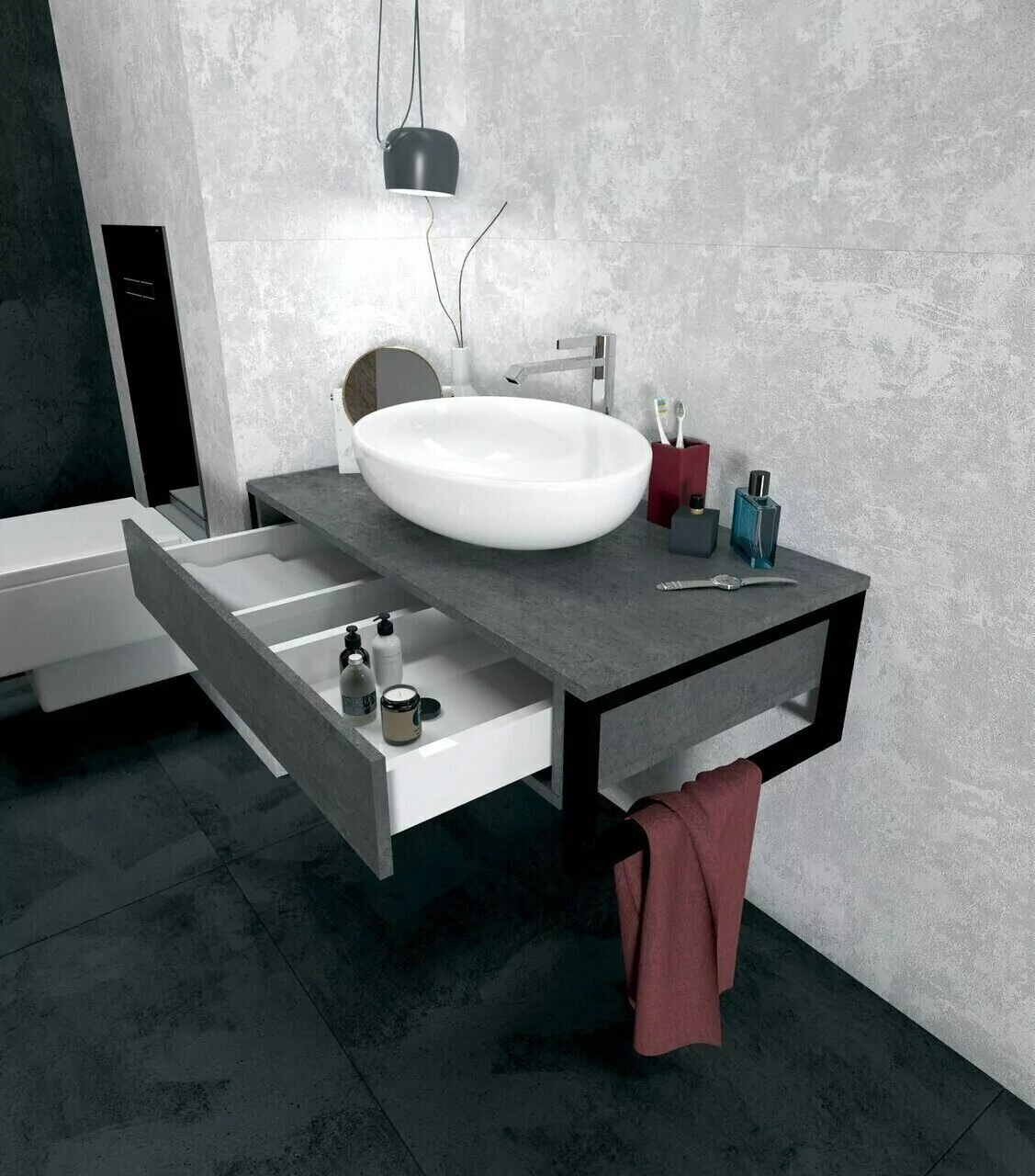 Тумба подвесная 1Marka Grunge loft 90П с раковиной Roll 53, 1 ящик, бетон темно-серый