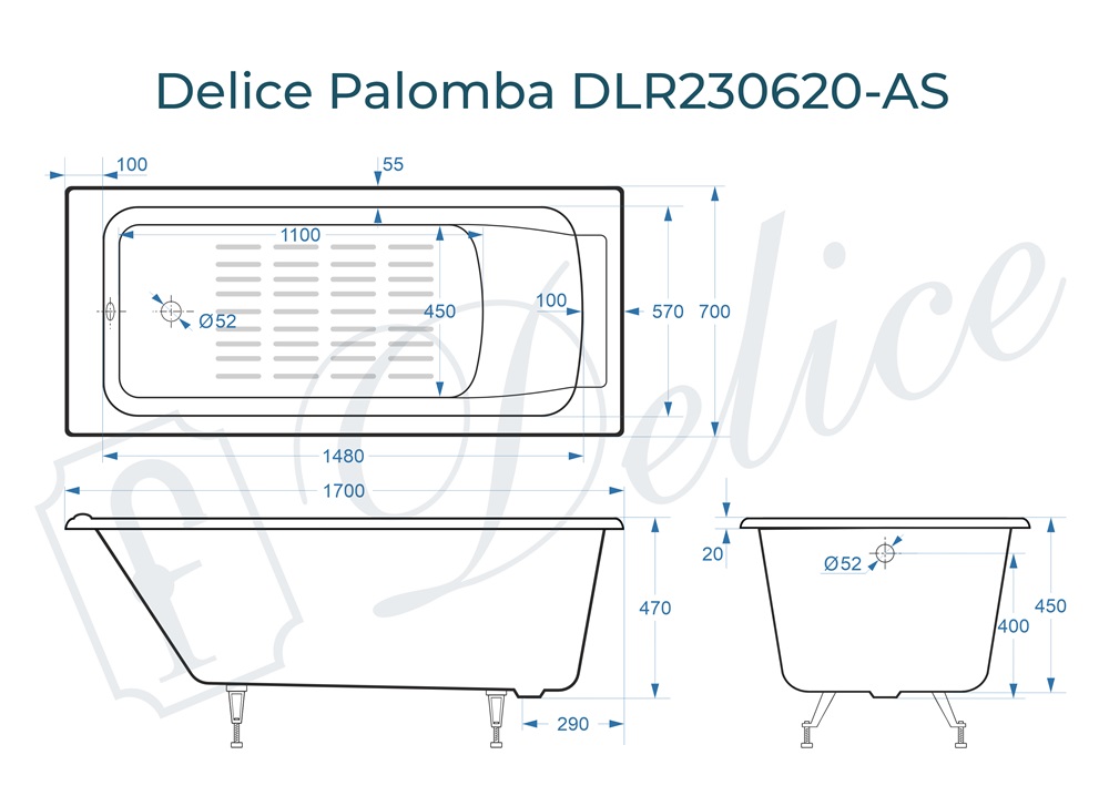 Ванна чугунная Delice Palomba 170х70 DLR230620-AS с антискользящим покрытием
