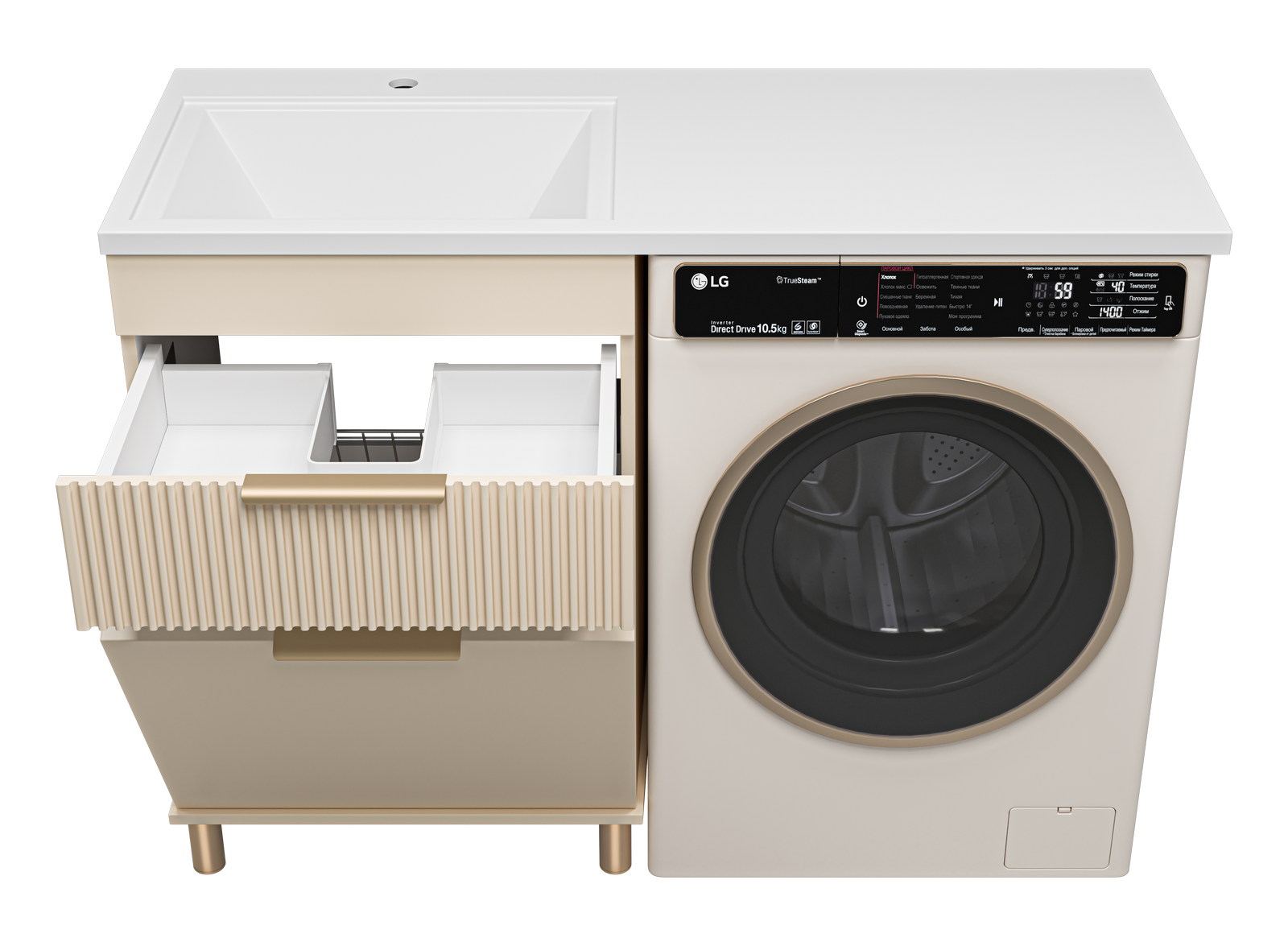 Тумба с раковиной Brevita Enfida 60 с бельевой корзиной, под стиральную машину, с раковиной Эстет Даллас 120 R, бежевый