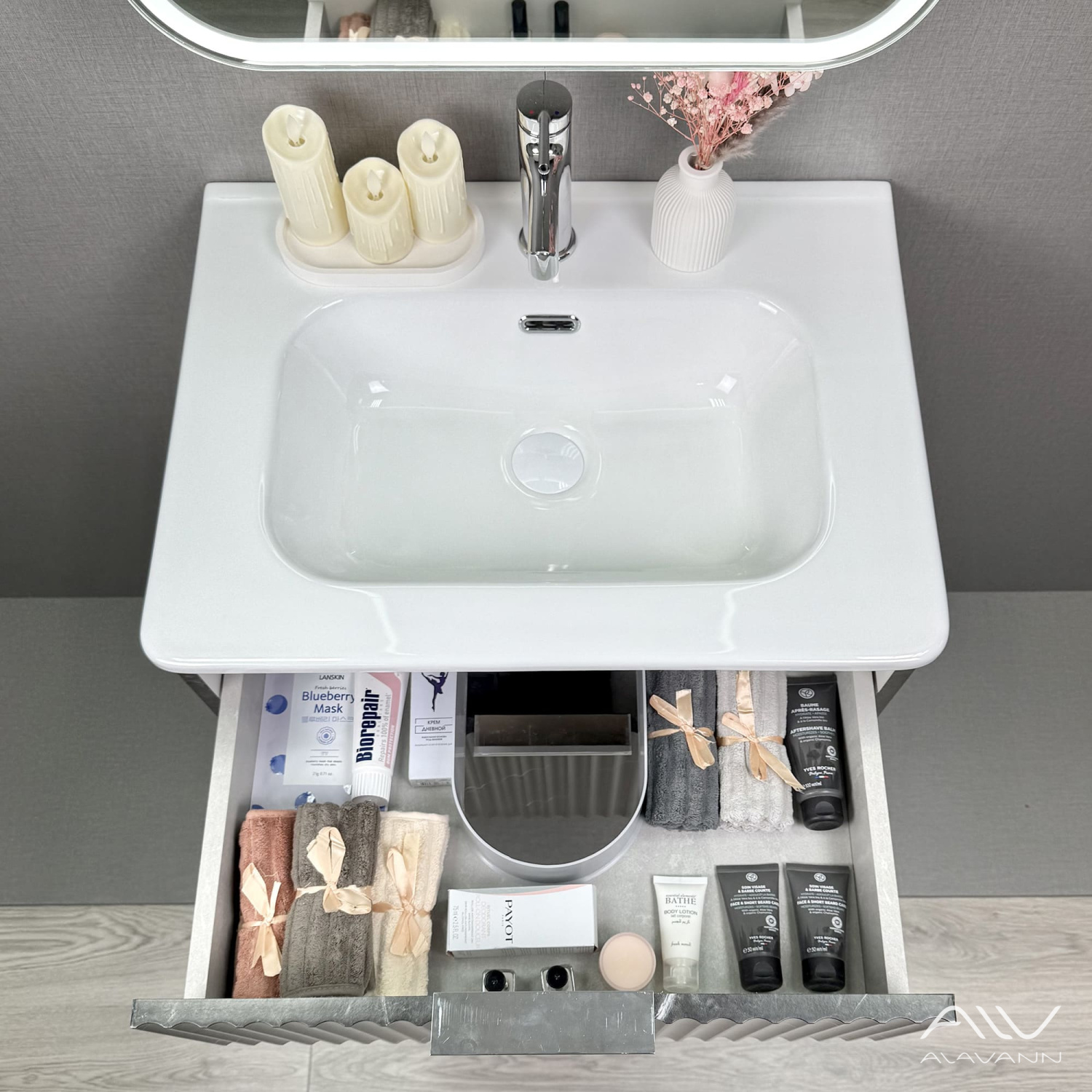 Тумба подвесная Alavann Anna 60 с раковиной Rado 60, черный мрамор