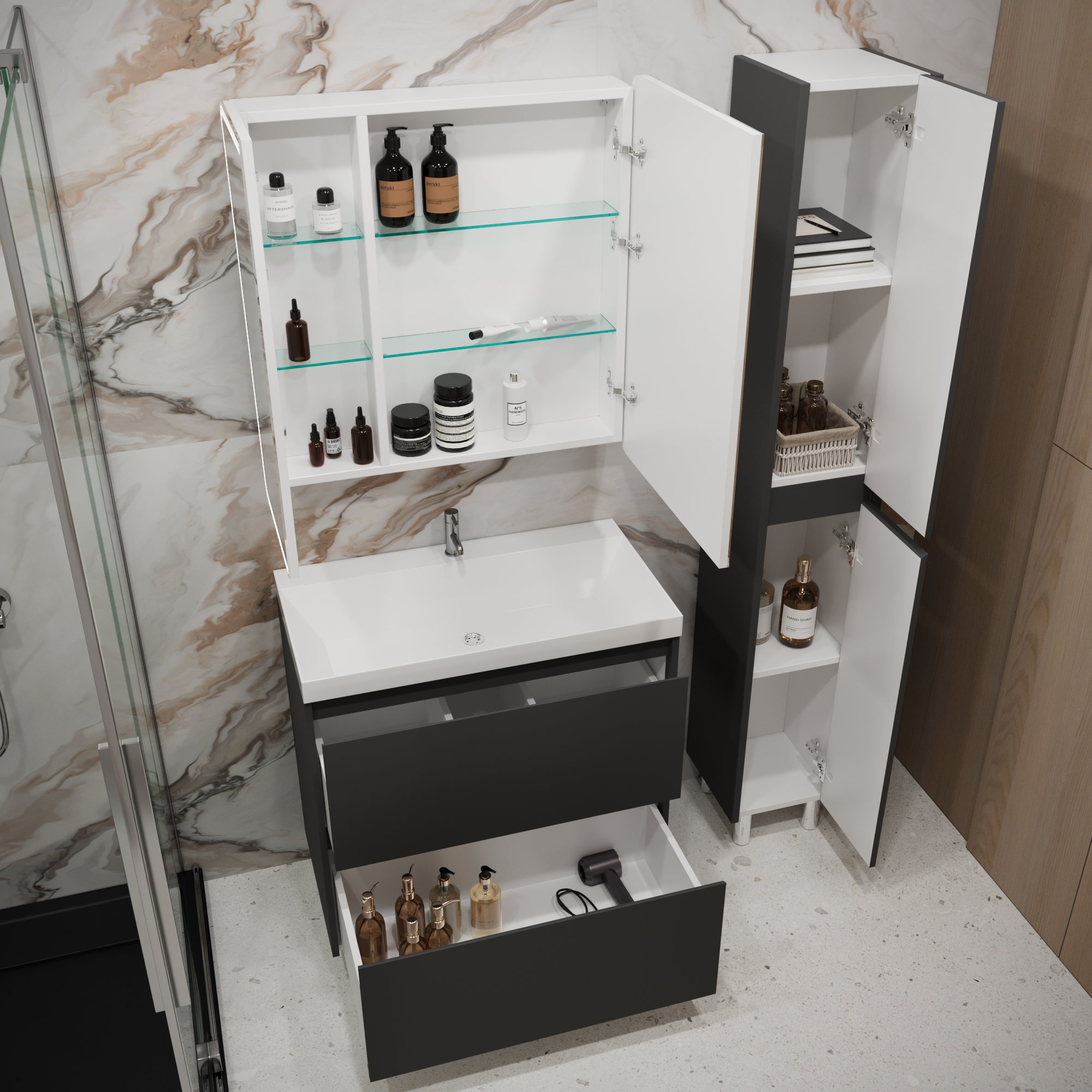 Тумба с раковиной Stella Polar Борнео 80, 2 ящ., Люкс, напольная, графит матовый