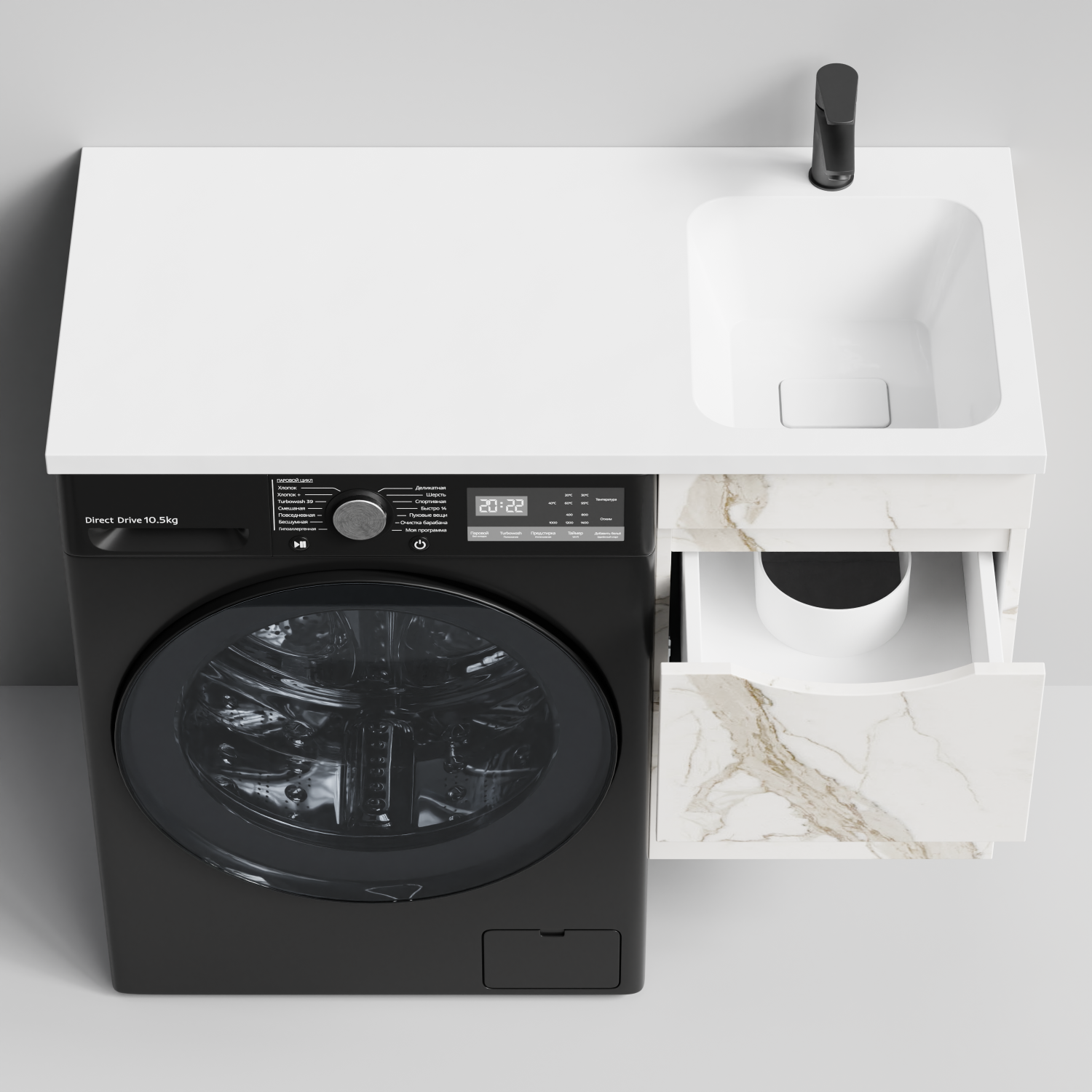 Тумба Vod-ok 38 с раковиной Смайл 100 подвесная, под стиральную машину, правая, Мрамор Белый натур милк