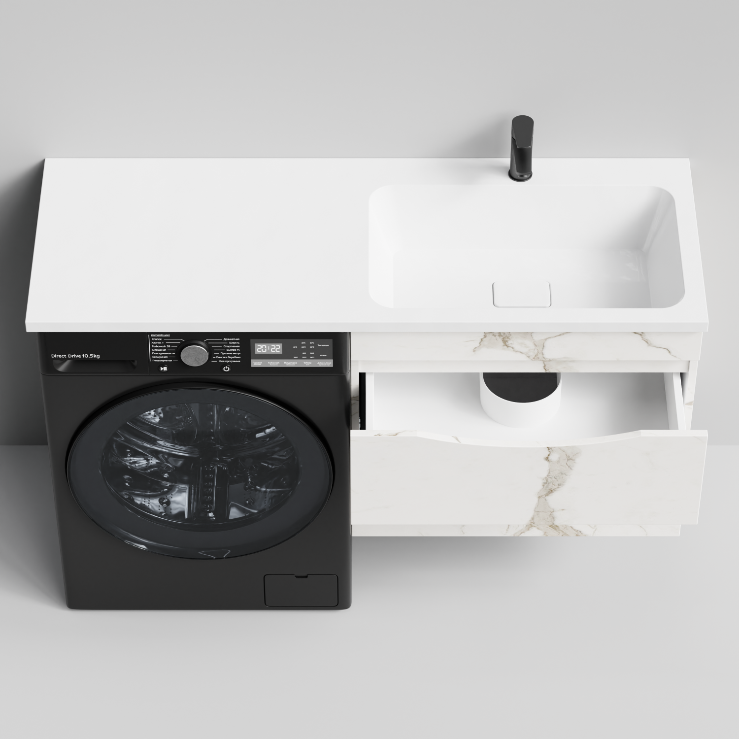Тумба Vod-ok 68 с раковиной Смайл 130 подвесная, под стиральную машину, правая, Мрамор Белый натур милк