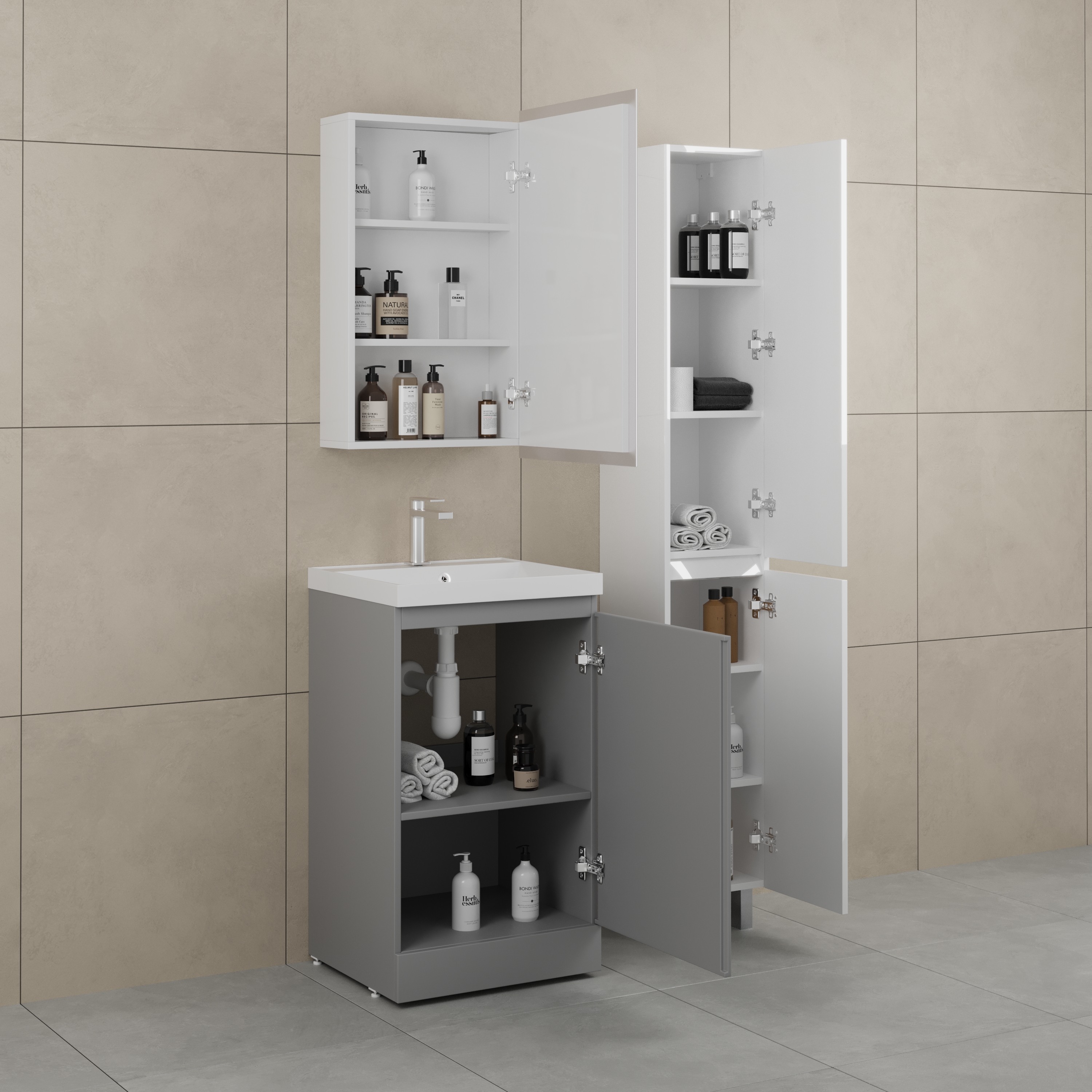 Тумба напольная Style Line Батлер 50 с раковиной Asti 50 белый, антискрейтч серый