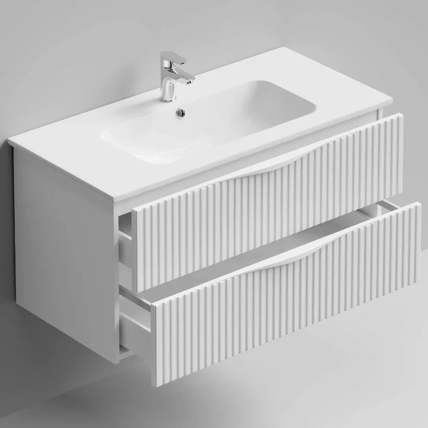 Тумба с раковиной Vod-ok Elite Эйфория 100 F6 полосы вертикальные, подвесная, два ящика, белый матовый