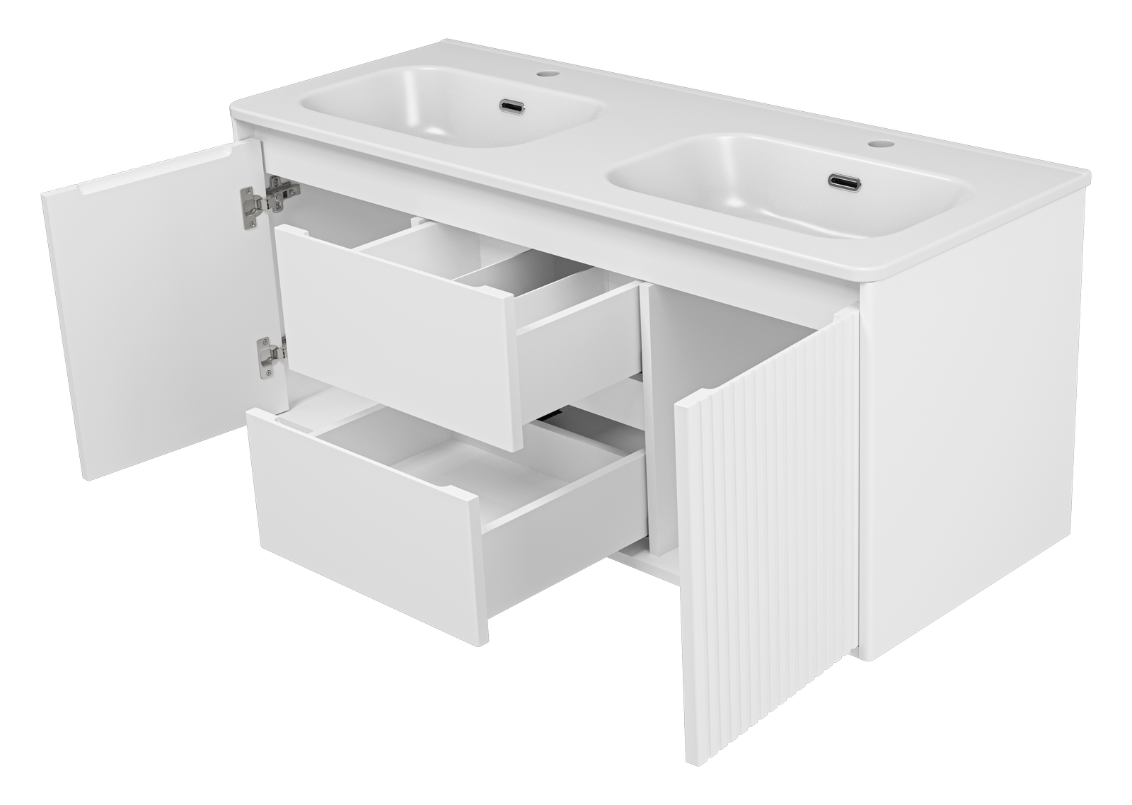 Тумба с раковиной Brevita Wine 120 подвесная (белая) с раковиной Brevita Onda 120 с двумя чашами