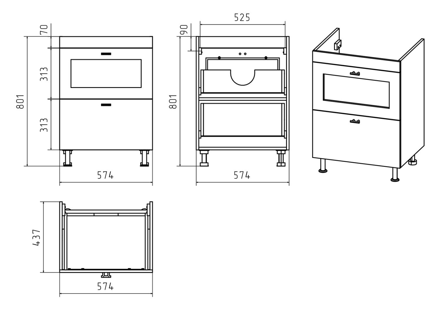 Тумба с раковиной Misty Урал 60 с 2 ящиками, белый