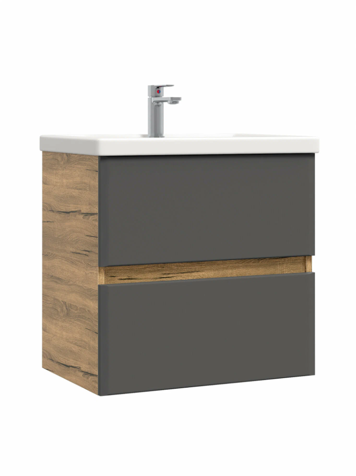 Тумба подвесная SanStar Graffa 50 с раковиной Como 50 Дуб вотан, графит софт