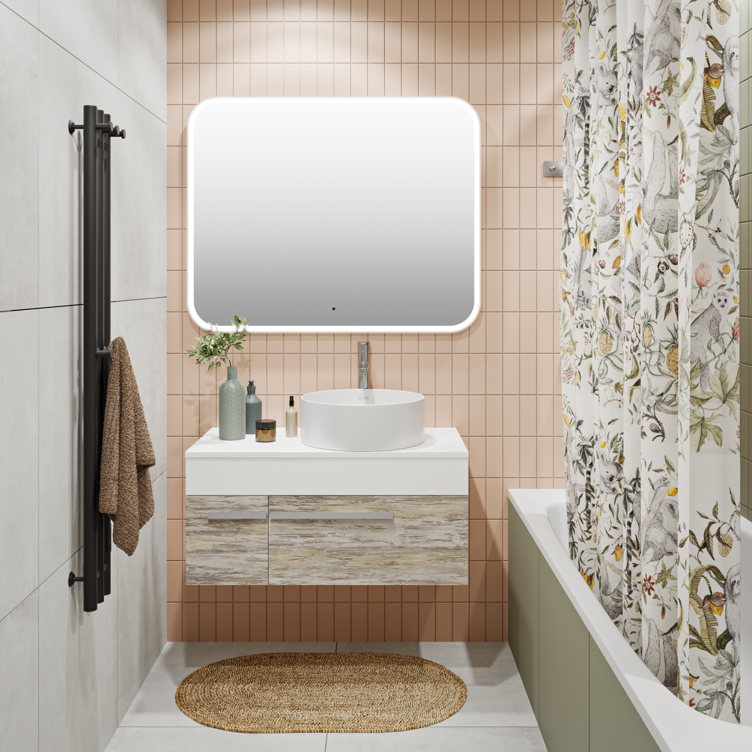 Тумба подвесная Runo Вудлайн 85 скандинавский дуб/белый под накладную раковину