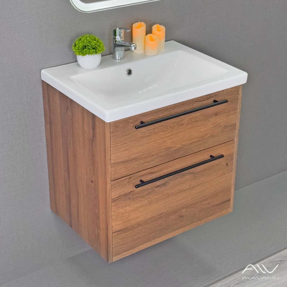 Тумба подвесная Alavann Rondo 60 с раковиной Como 60, дуб