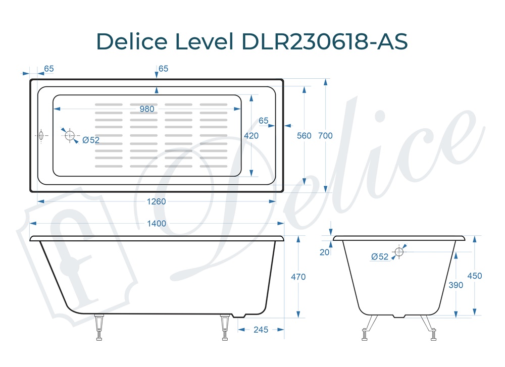Ванна чугунная Delice Level 140х70 DLR230618-AS с антискользящим покрытием