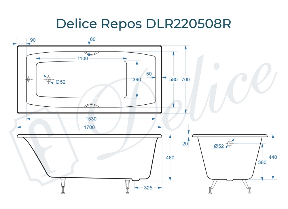 Ванна чугунная Delice Repos 170х70 DLR220508RB с черными матовыми ручками