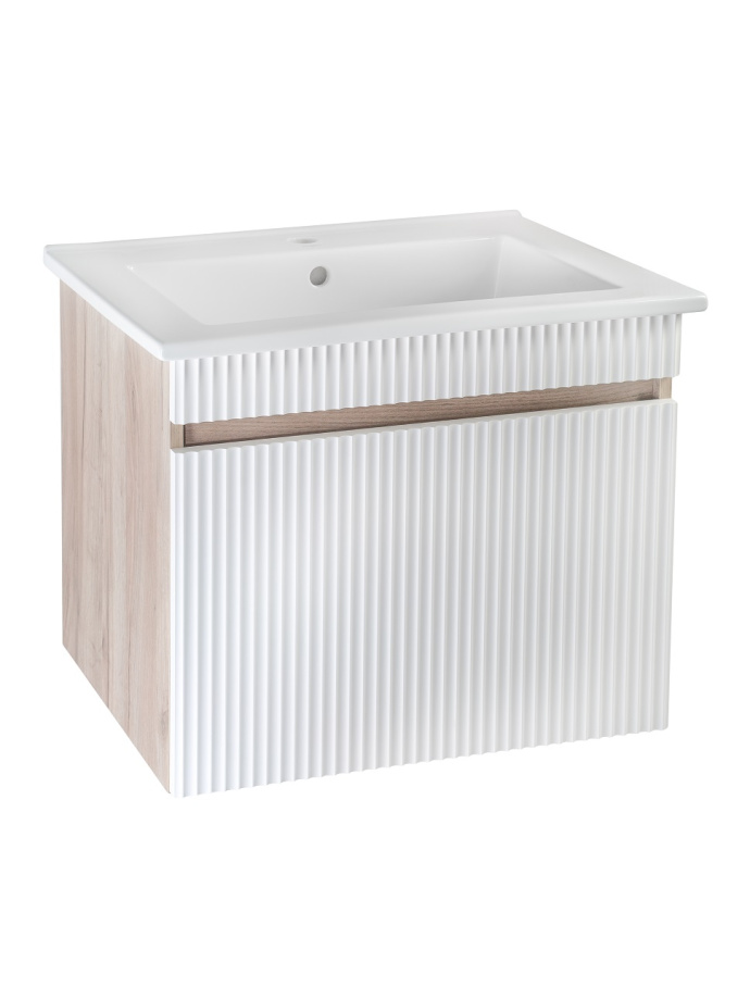 Тумба подвесная Runo Модена 65 с раковиной Оскар 65, белый/крафтовый дуб
