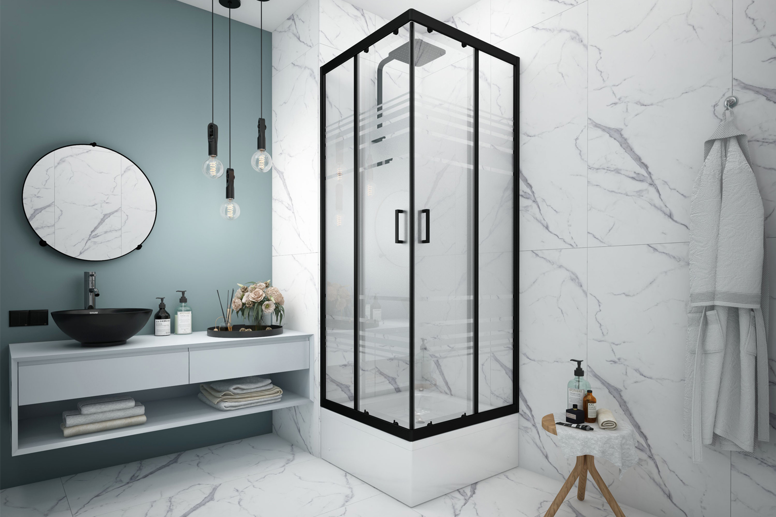 Душевой уголок Метакам Universal Black 80х80х195 квадратный, без поддона, текстурированное стекло (полосы), черный