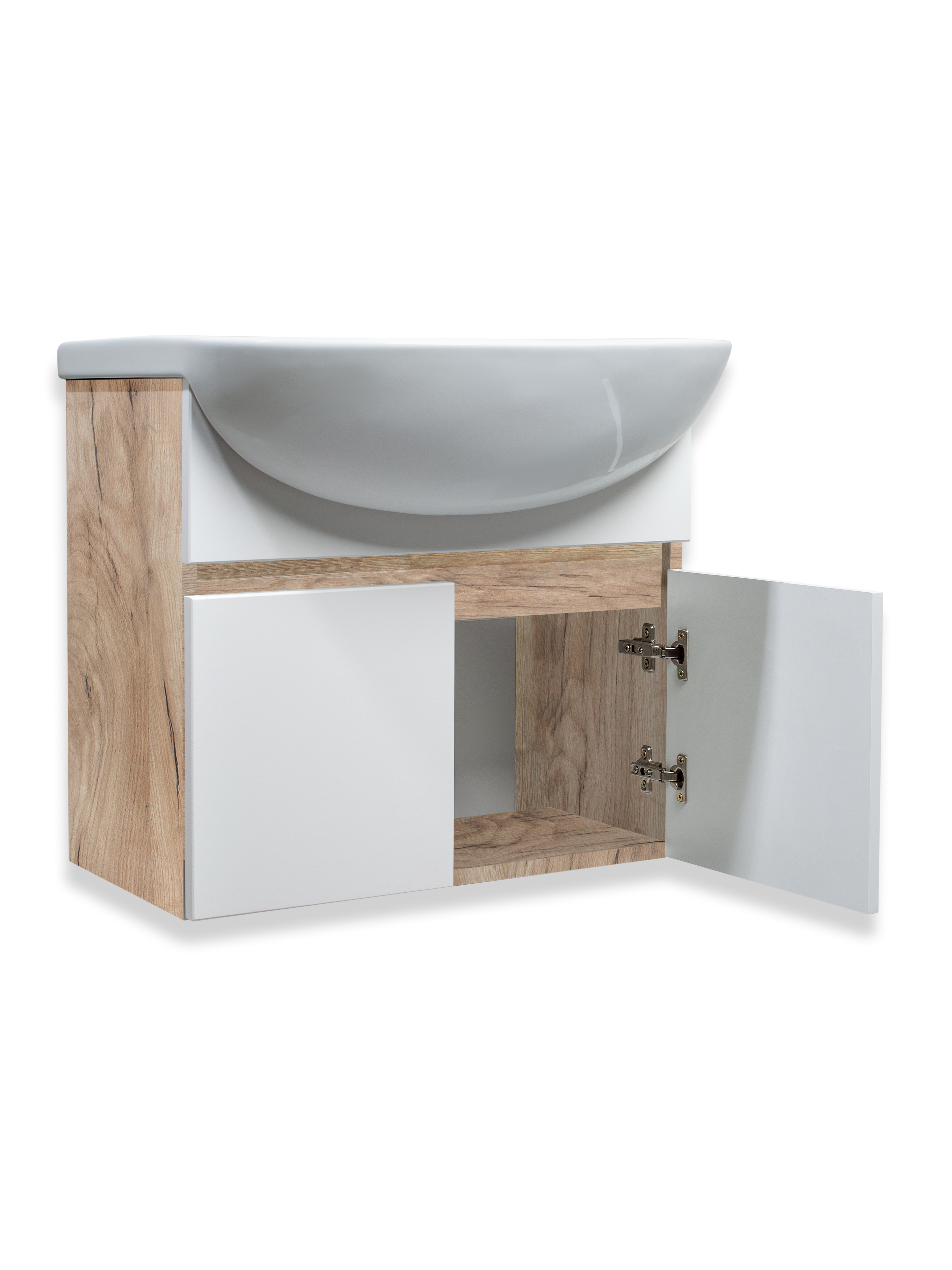 Тумба подвесная Runo Лада 60 белый/крафтовый дуб с раковиной Уют 60