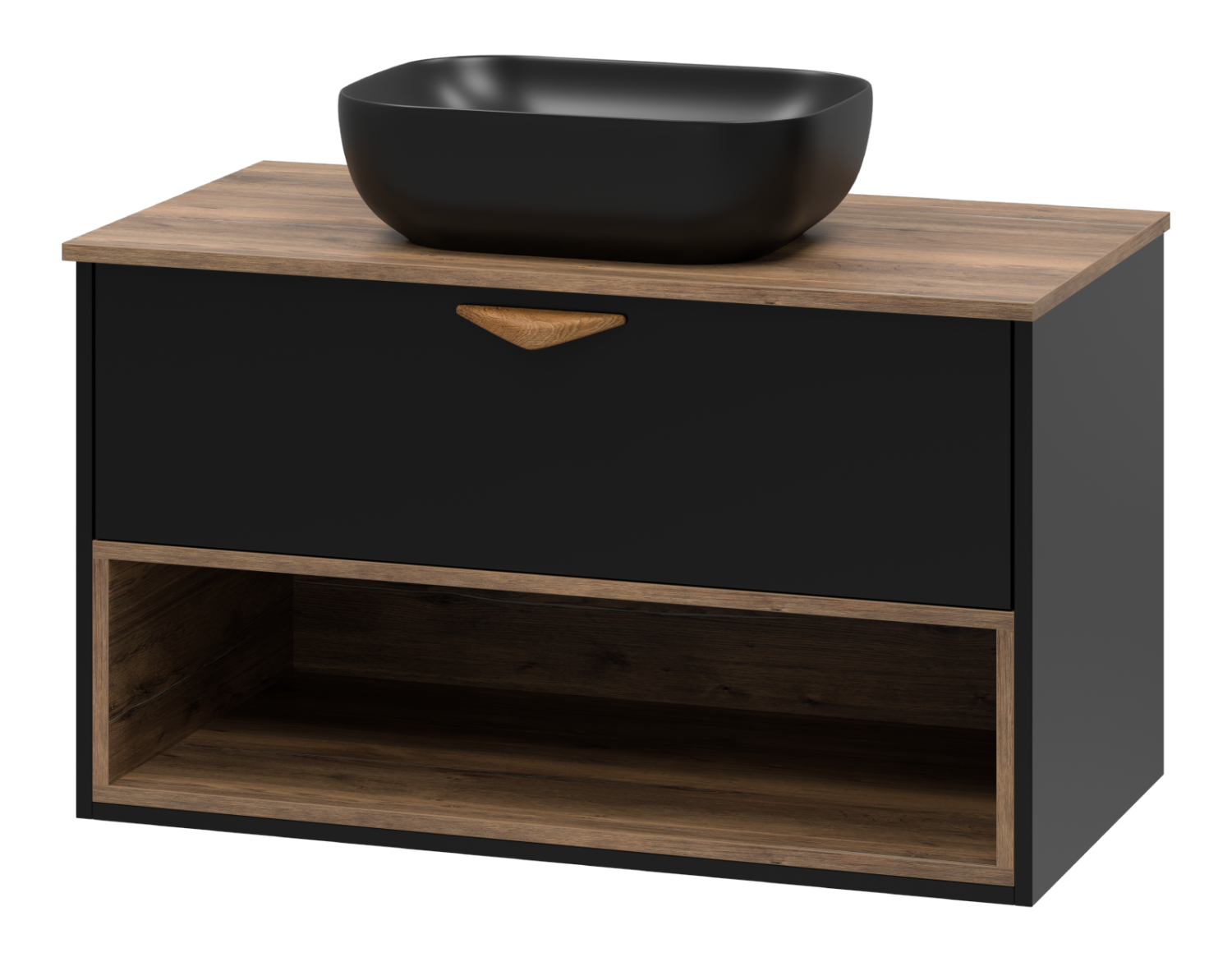 Тумба с раковиной Brevita Bergen 90 с подсветкой подвесная, черный/дуб галифакс