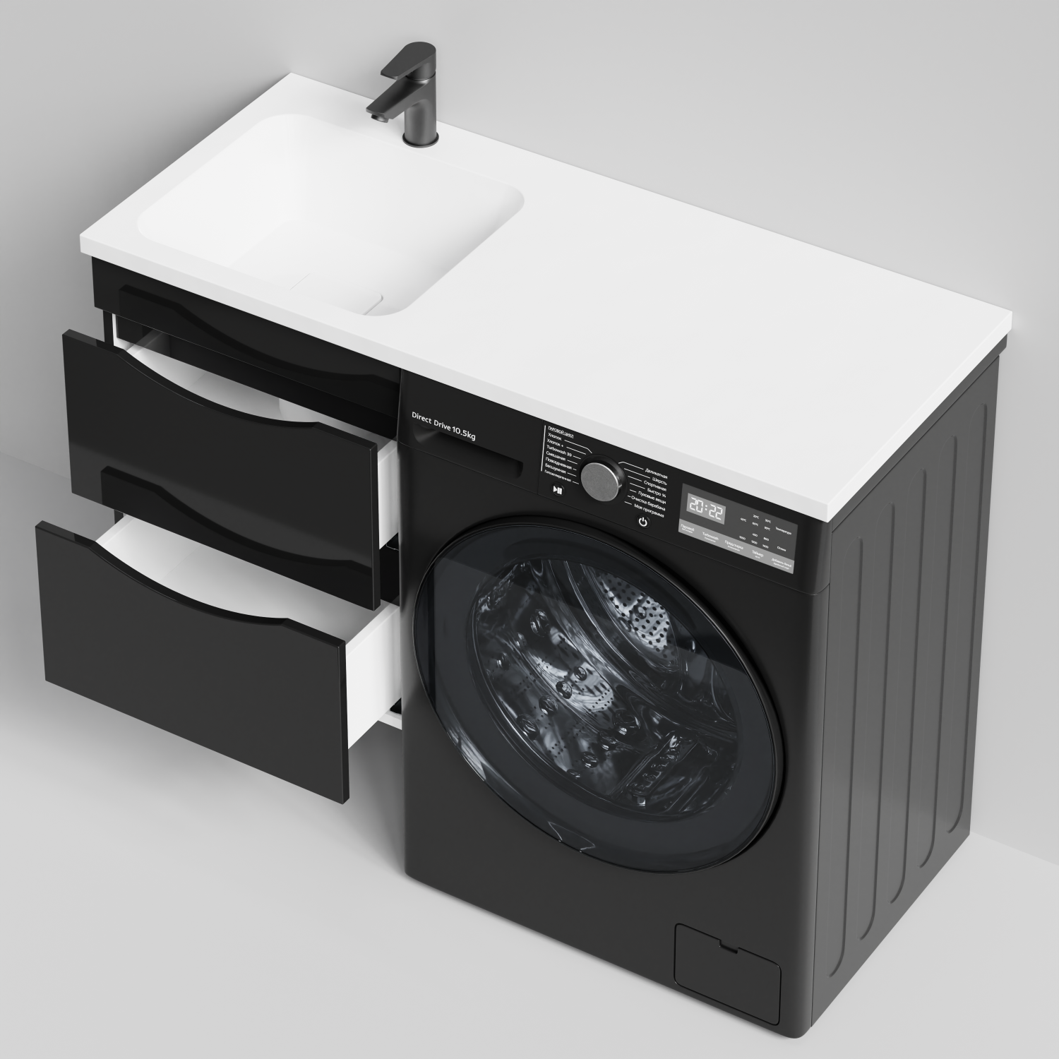 Тумба Vod-ok 48 с раковиной Смайл 110 подвесная, под стиральную машину, левая, черный глянец